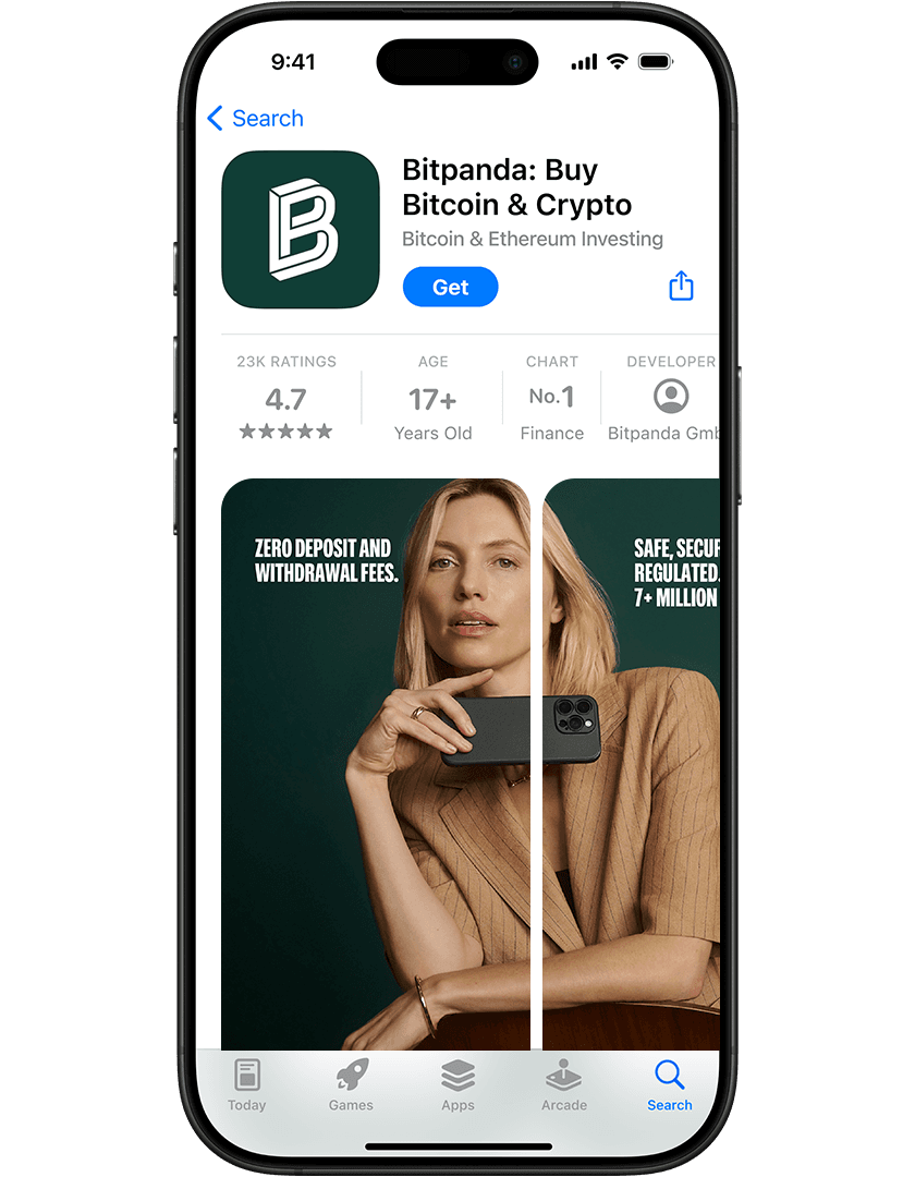Smartphone displaying Bitpanda app page with a woman holding a phone, promoting zero deposit fees and secure transactions.
