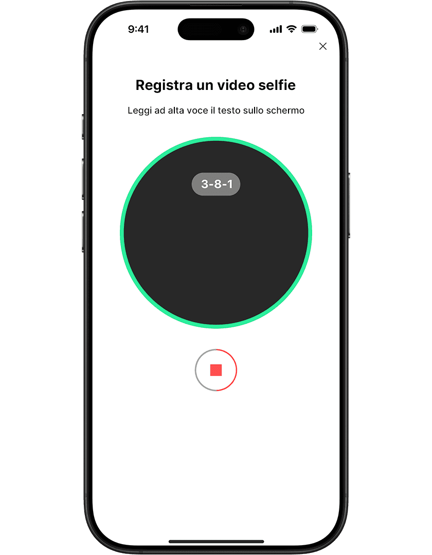 Smartphone screen displaying a video selfie recording interface with a countdown timer and a stop button.