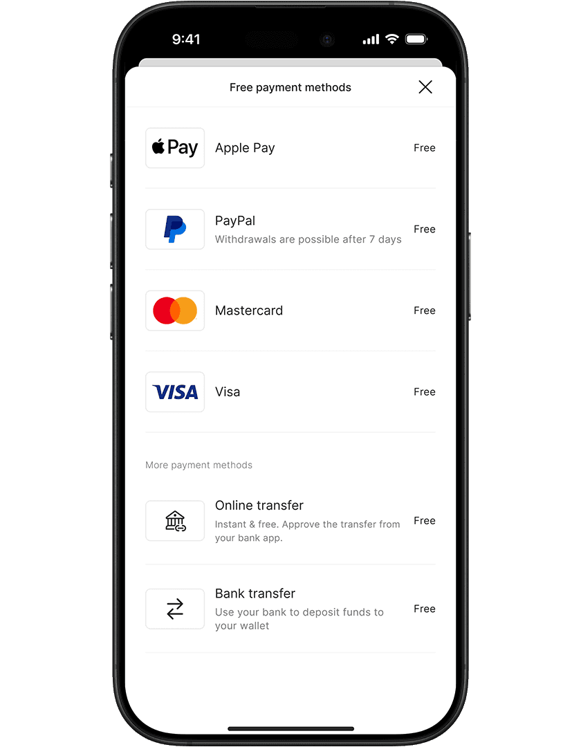 Smartphone screen displaying a list of free payment methods: Apple Pay, PayPal, Mastercard, Visa, Online transfer, and Bank transfer.