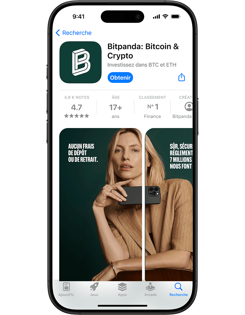 Smartphone displaying Bitpanda app page with a woman holding a phone, promoting zero deposit fees and secure transactions.