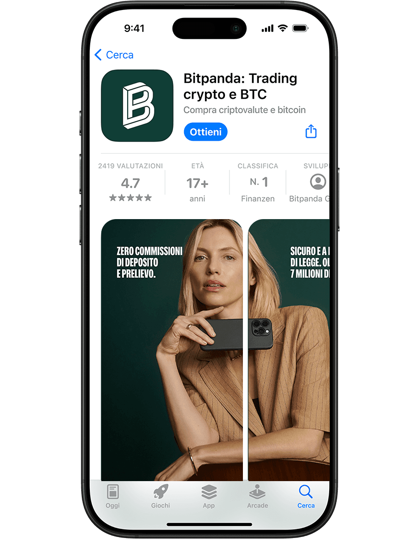 Smartphone displaying Bitpanda app page with a woman holding a phone, promoting zero deposit fees and secure transactions.