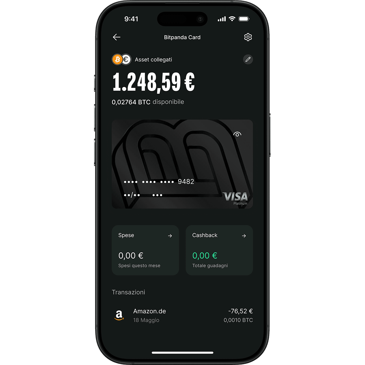 Smartphone screen displaying a Bitpanda card app with linked assets, balance in euros and BTC, expenses, cashback, and recent transactions.