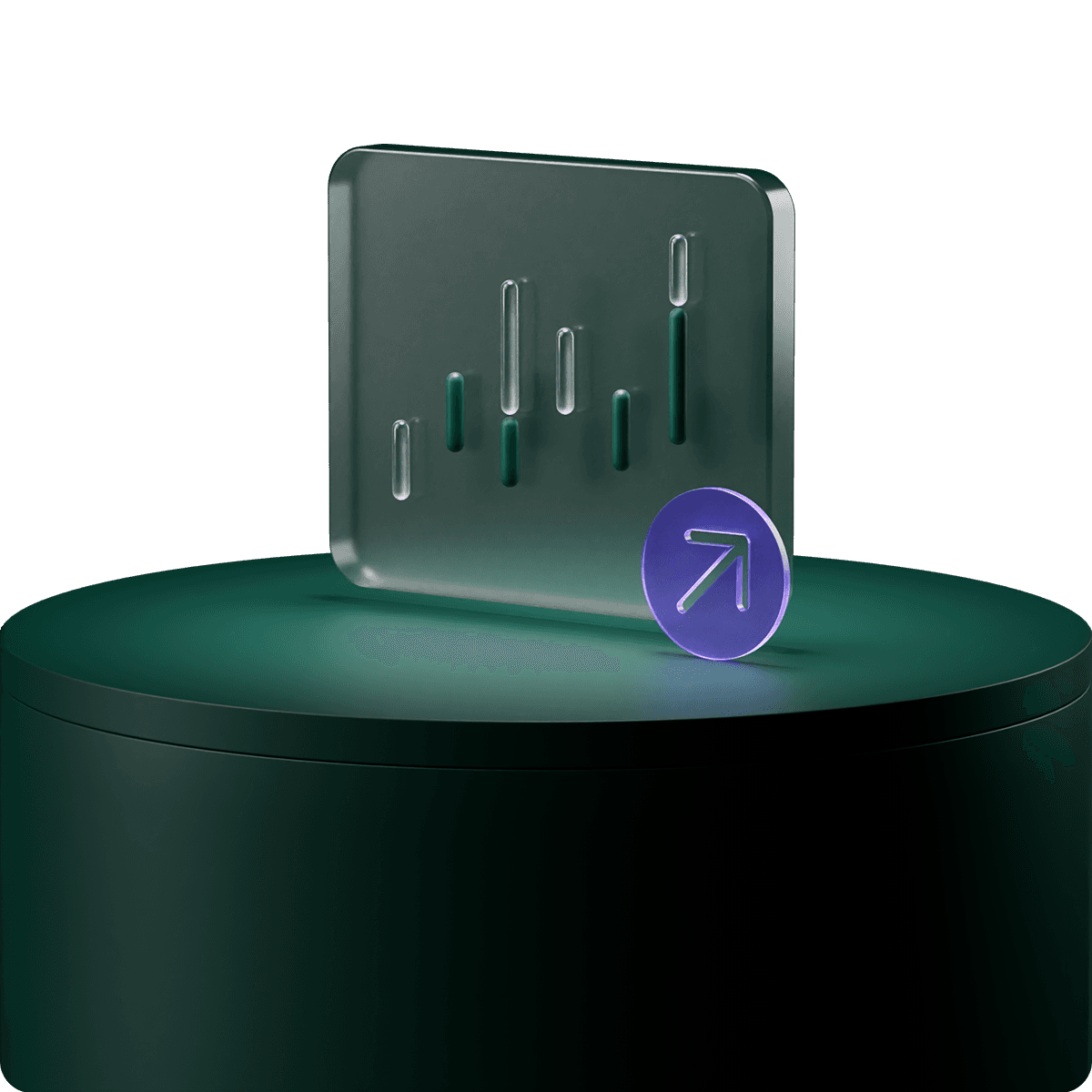 A 3D icon of a chart with vertical bars and an upward arrow, placed on a dark green cylindrical podium.