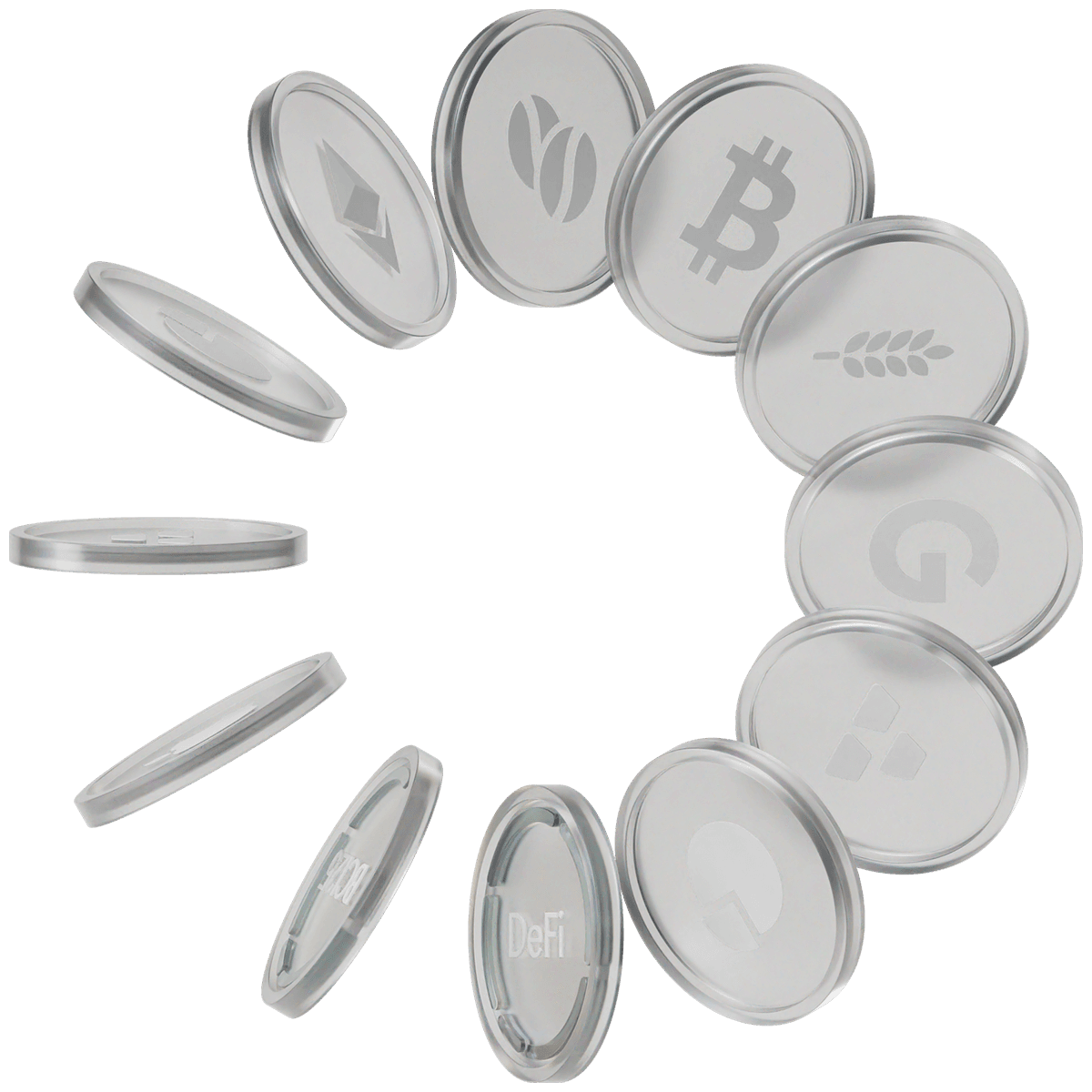 Floating transparent coins with various cryptocurrency symbols, including Bitcoin and Ethereum, arranged in a dynamic, cascading pattern.