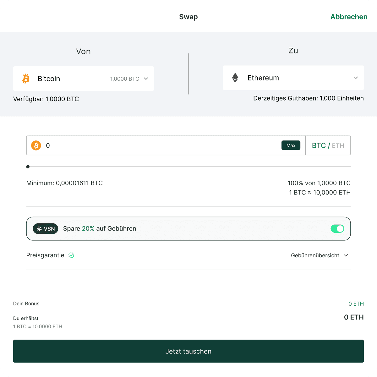 Cryptocurrency swap interface showing exchange from Bitcoin to Ethereum, with fields for amount and exchange rate details.