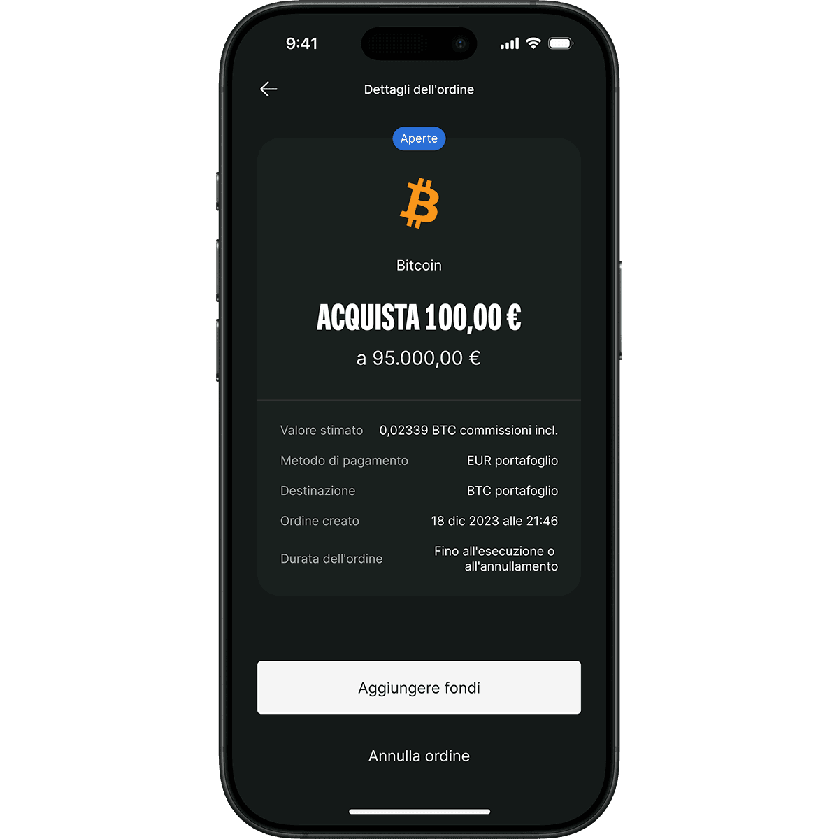 Smartphone screen showing a Bitcoin purchase order for 100,00 € at 95,000.00 €, with options to fund wallet or cancel order.