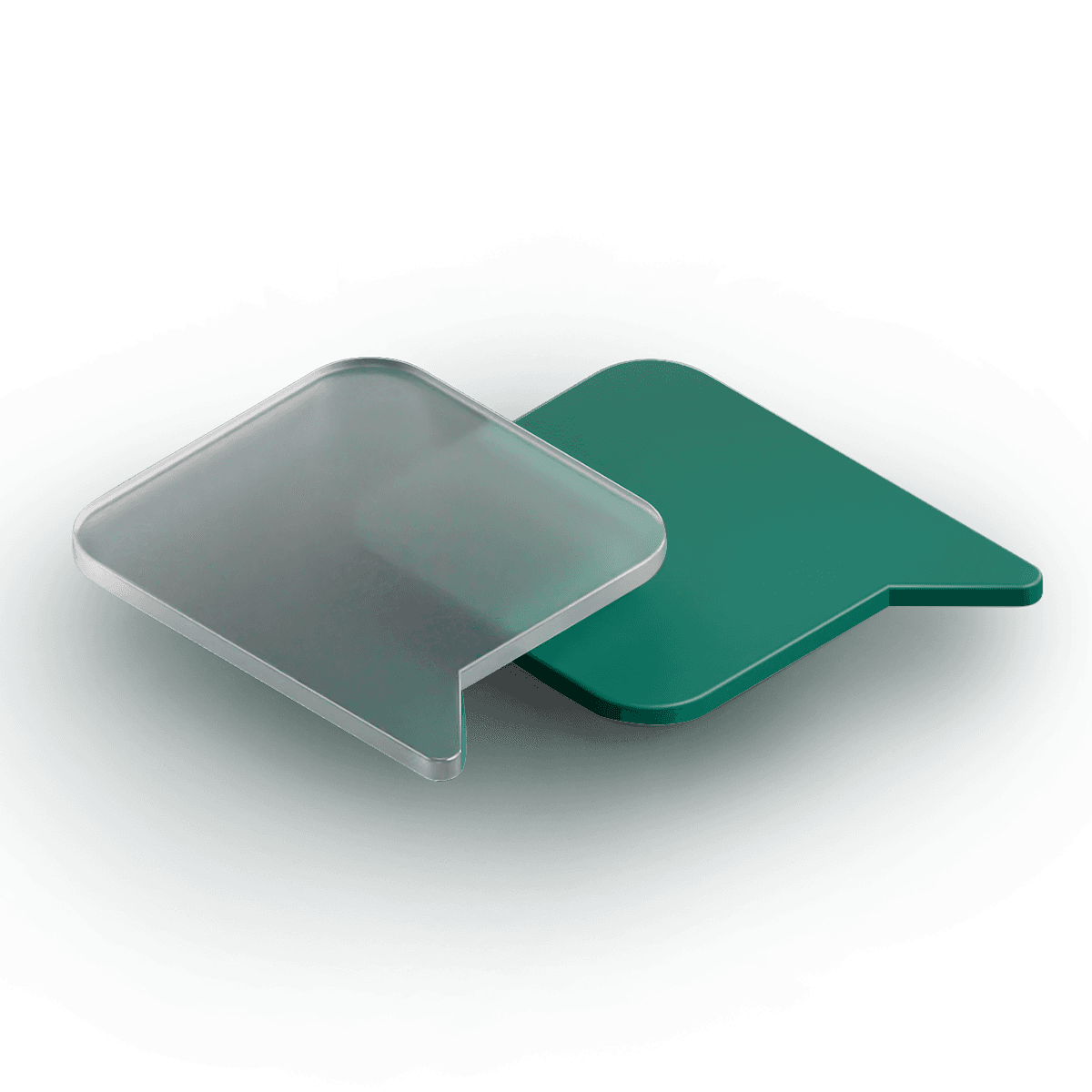 Transparent and green overlapping 3D chat bubble icons on a dark green background.