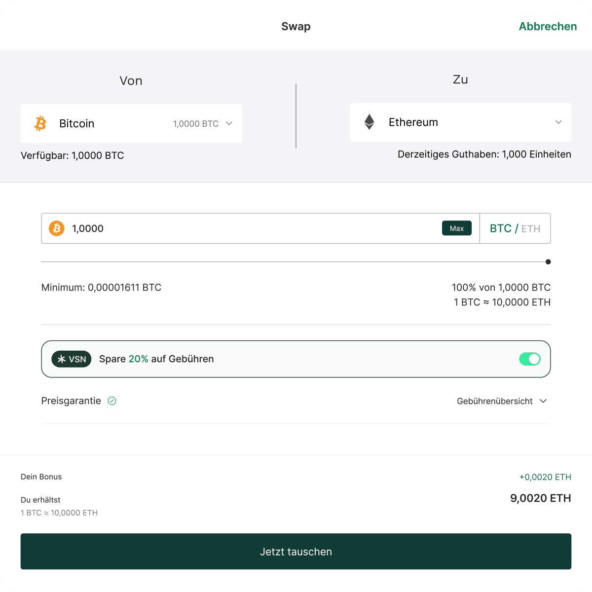 Cryptocurrency swap interface showing conversion from 1 Bitcoin to Ethereum, with details on exchange rate, fees, and bonus.