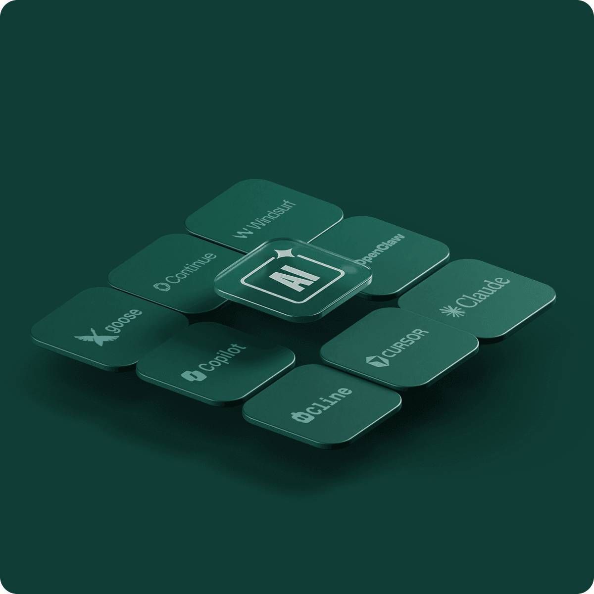 Green 3D tiles display AI logo at center surrounded by logos of various AI tools on a dark green background.