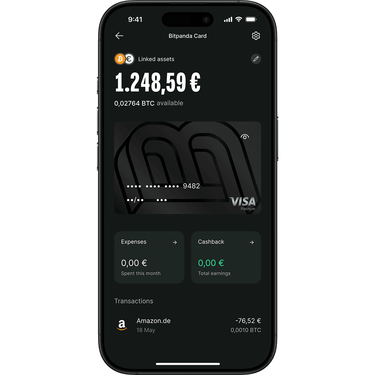 Smartphone screen showing a Bitpanda card app with a balance of €1,248.59, 0.02764 BTC, expenses, cashback, and a transaction from Amazon.de.