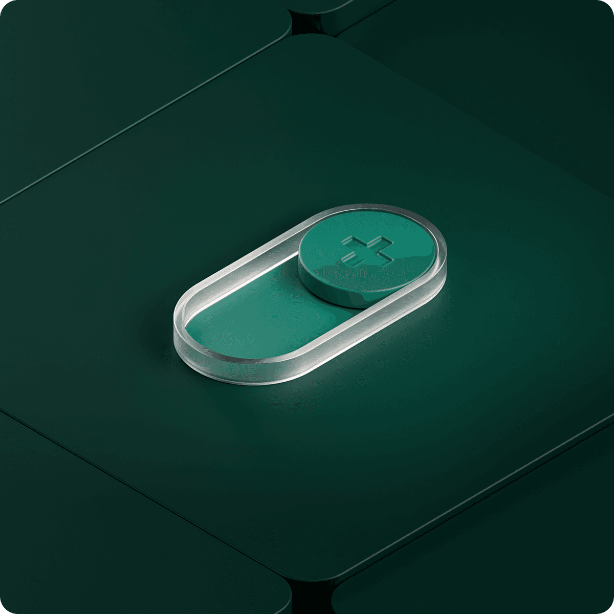 A green and silver 3D toggle switch with a plus sign, set against a dark green geometric background.