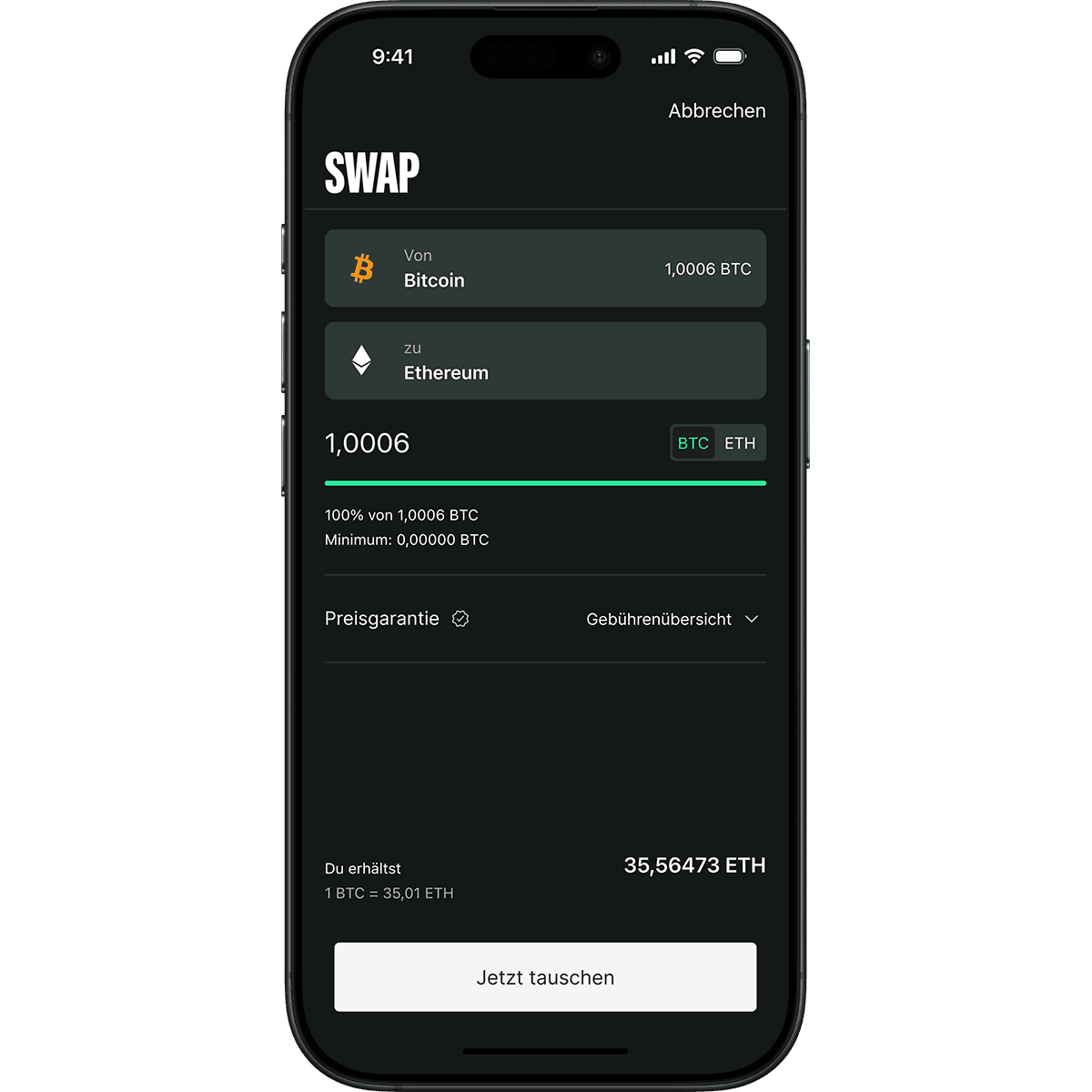 Smartphone screen displaying a cryptocurrency swap interface, showing 1.0006 BTC to Ethereum exchange with price guarantee and fees included.