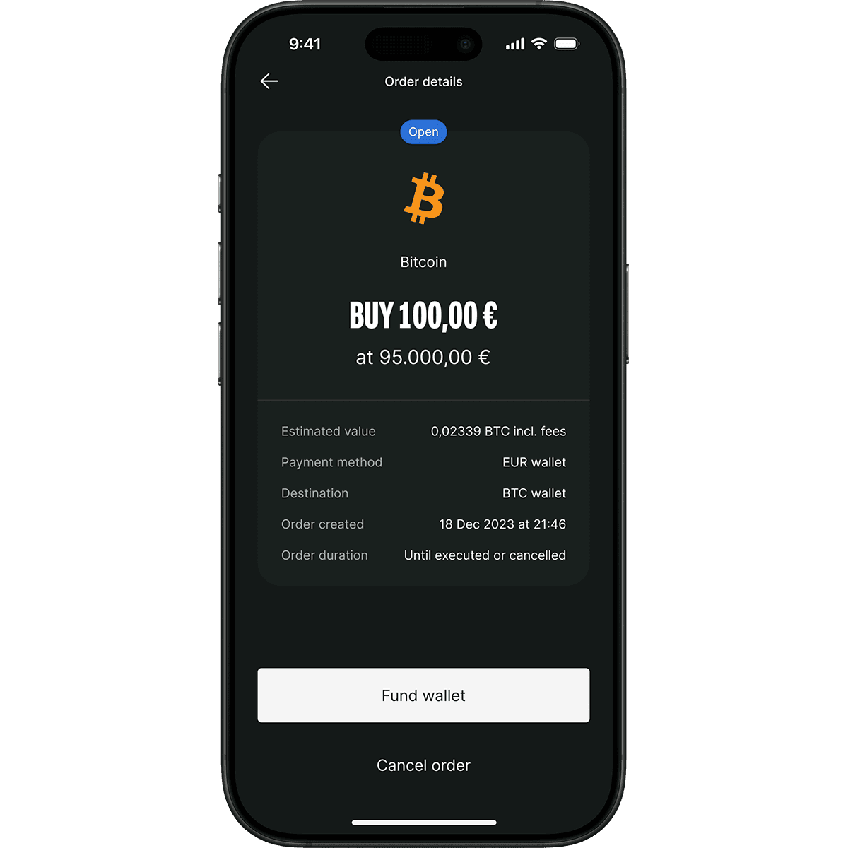 Smartphone screen showing a Bitcoin purchase order for 100,00 € at 95,000.00 €, with options to fund wallet or cancel order.