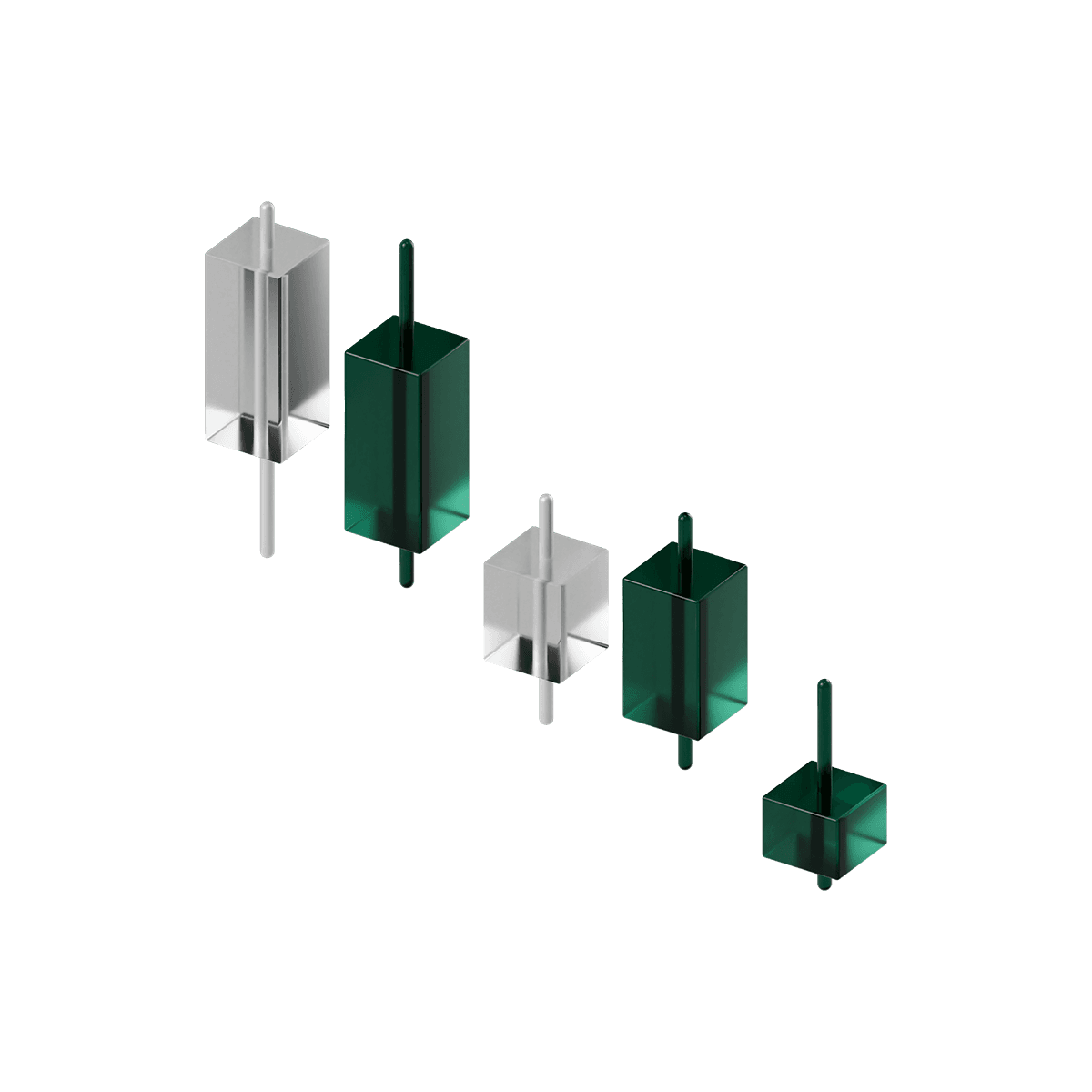 3D silver and green hexagonal columns in a staggered diagonal row on a white background