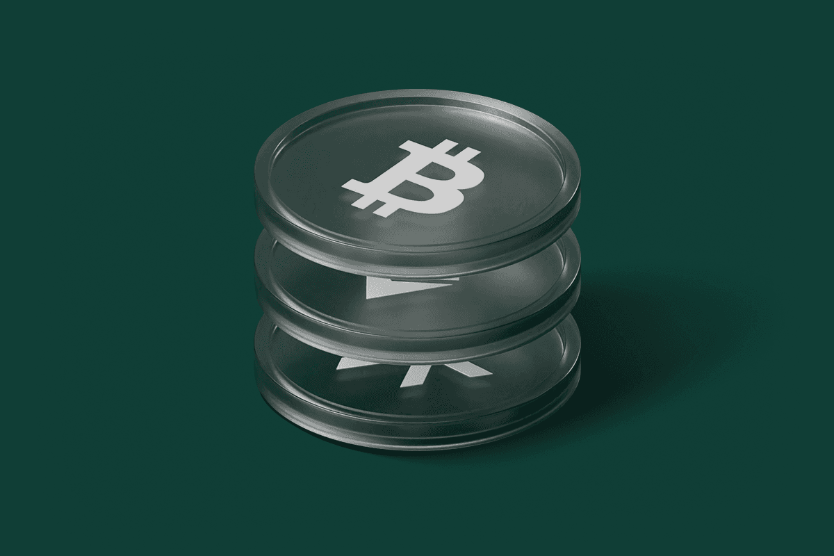 Stack of three transparent crypto coins with Bitcoin, Ethereum, and Litecoin symbols on a dark green background.