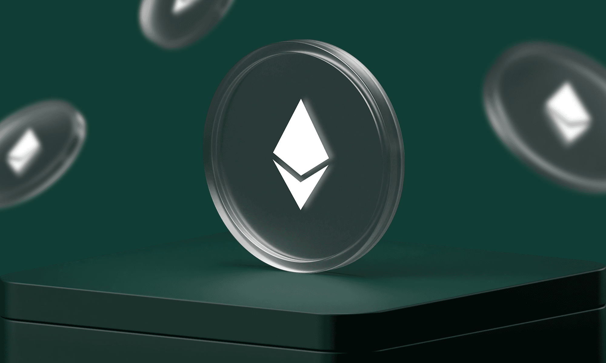 Glowing Ethereum coin floating above a dark platform, with blurred Ethereum tokens in the background.