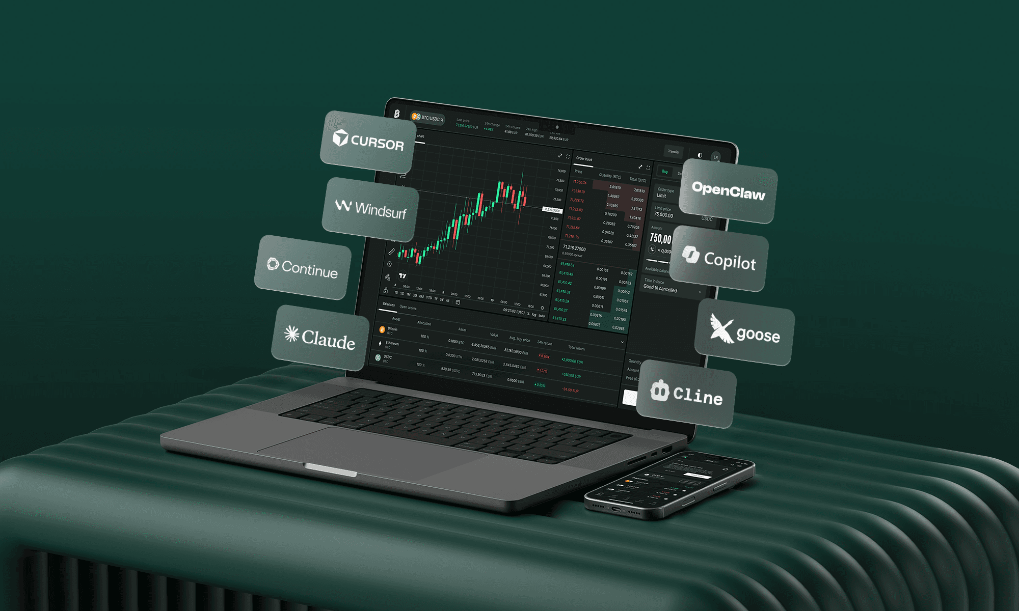 AI assistant connected to Bitpanda Fusion can read my order book, quote a spread, shown on desktop picture.