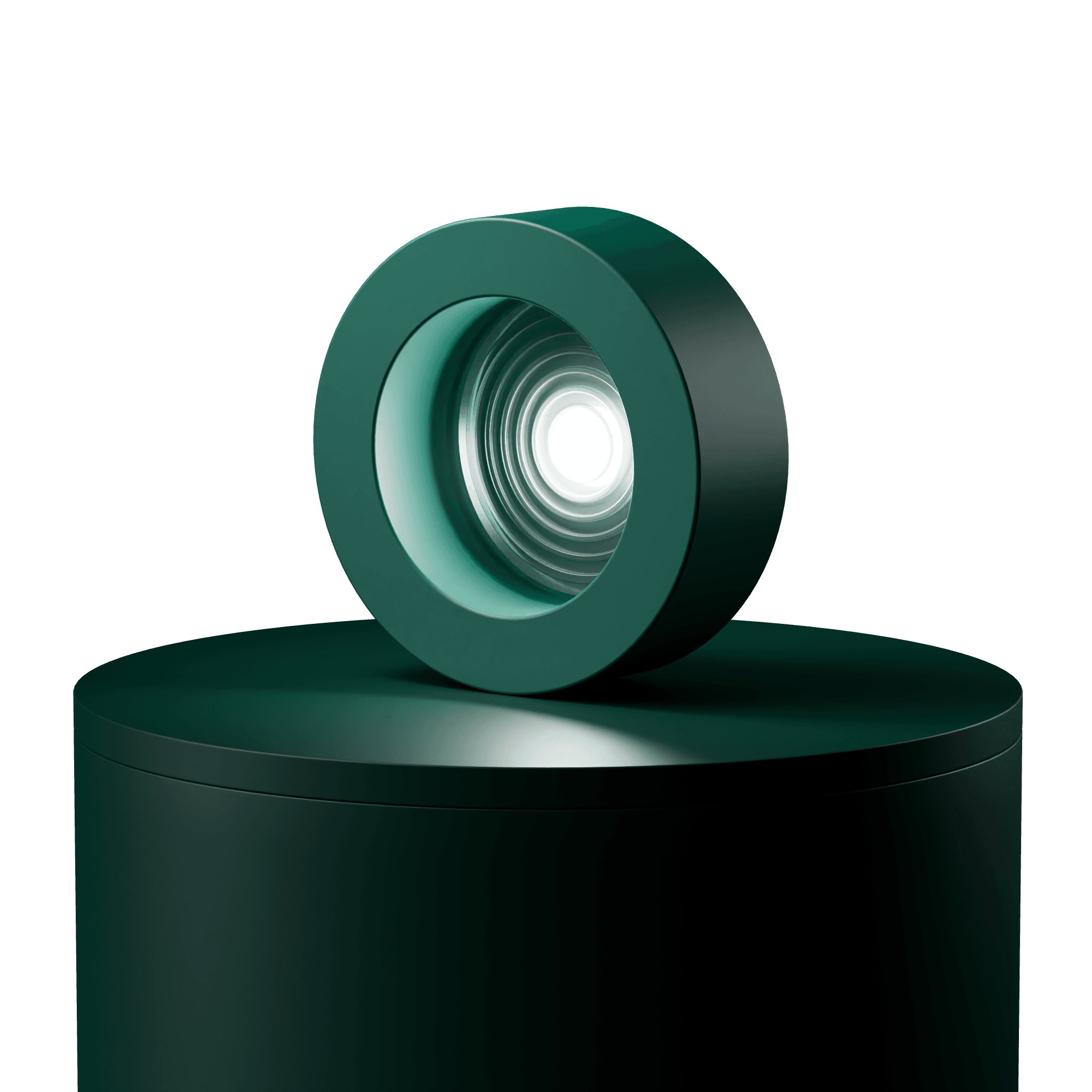 Minimalist dark green circular spotlight glowing on a matching cylindrical base against a black background.