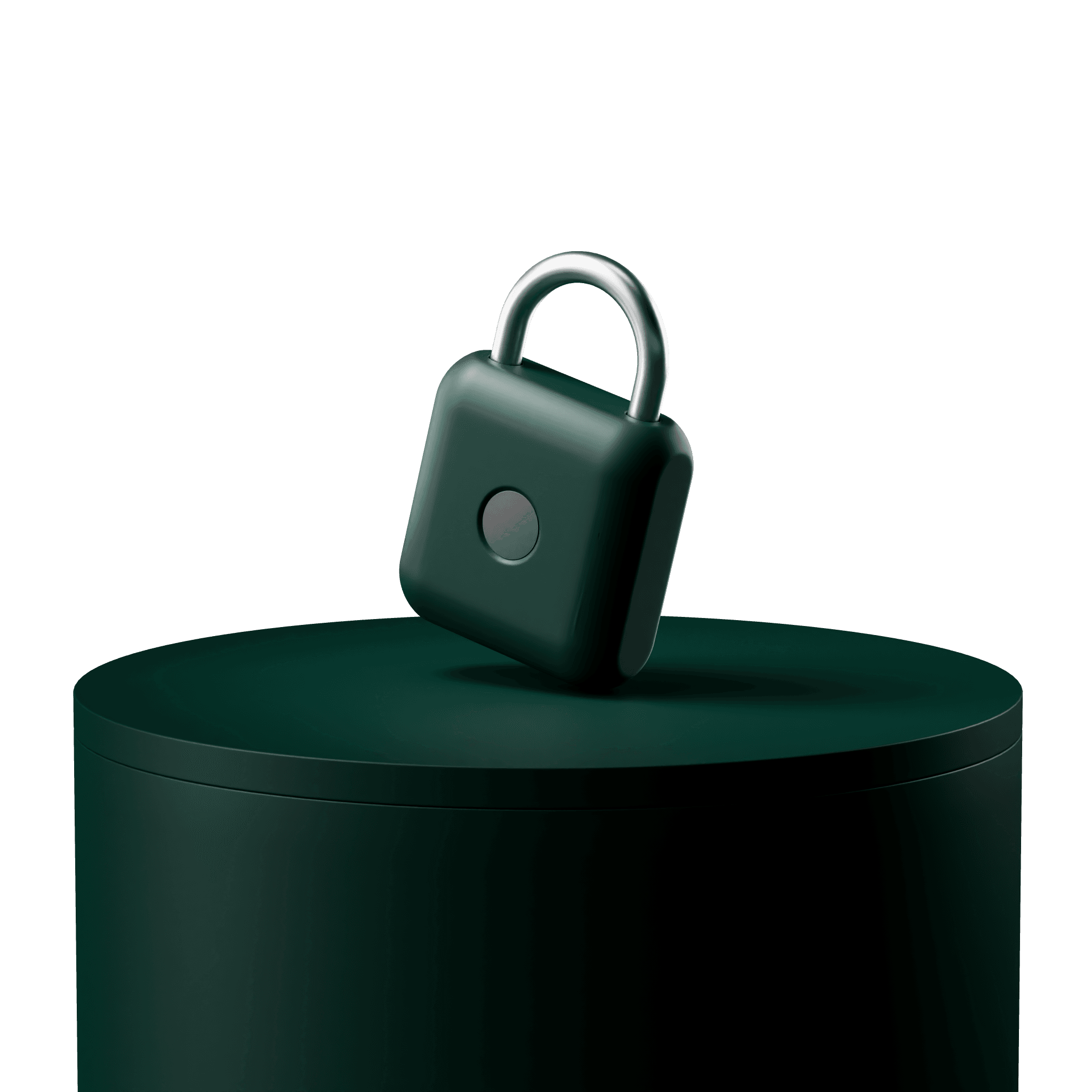 Minimalist dark green square padlock with a round button, displayed on a matching dark green cylindrical pedestal against a black background.