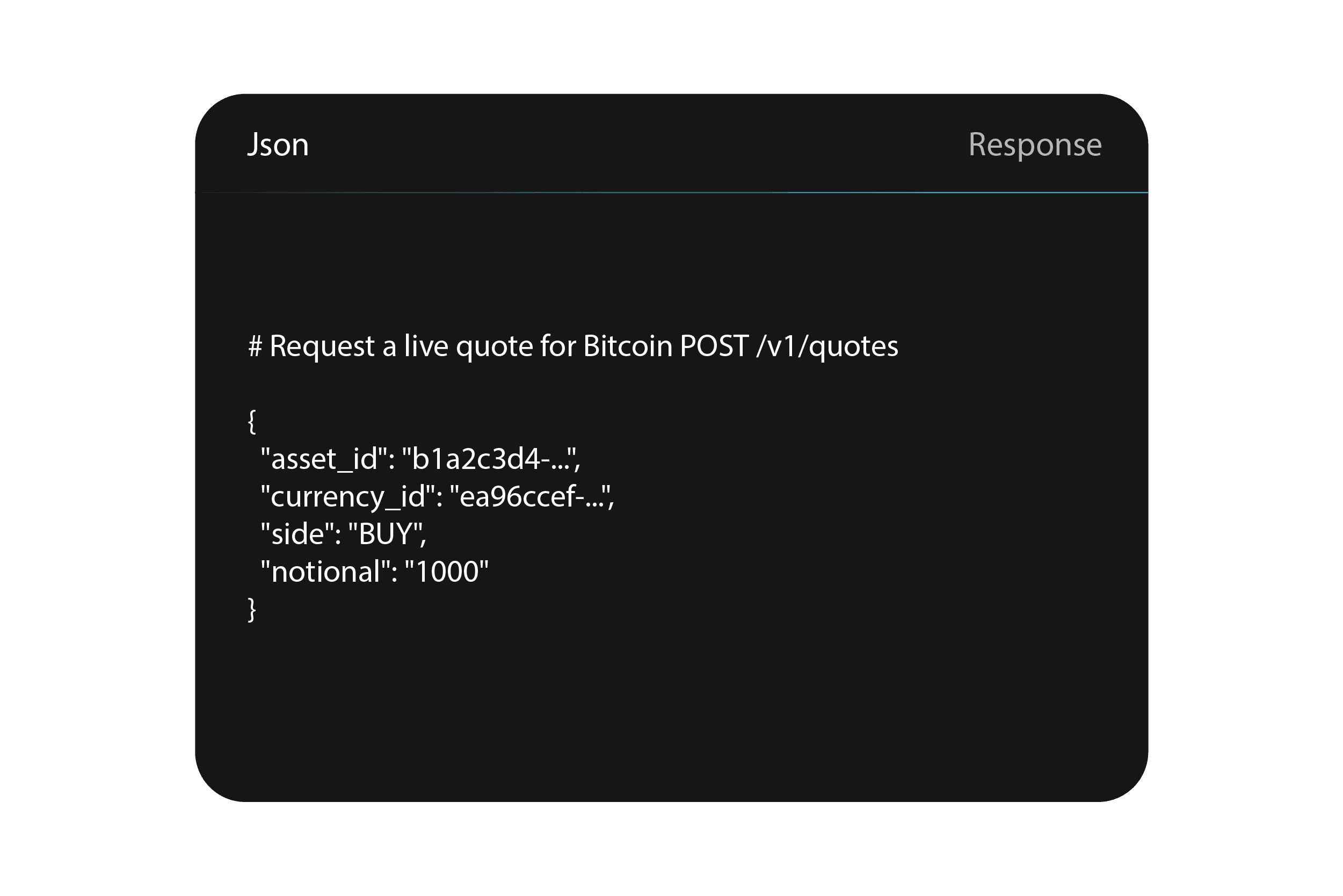 Dark UI panel showing a JSON POST /v1/quotes request example to get a live Bitcoin buy quote with asset_id, currency_id and notional 1000.