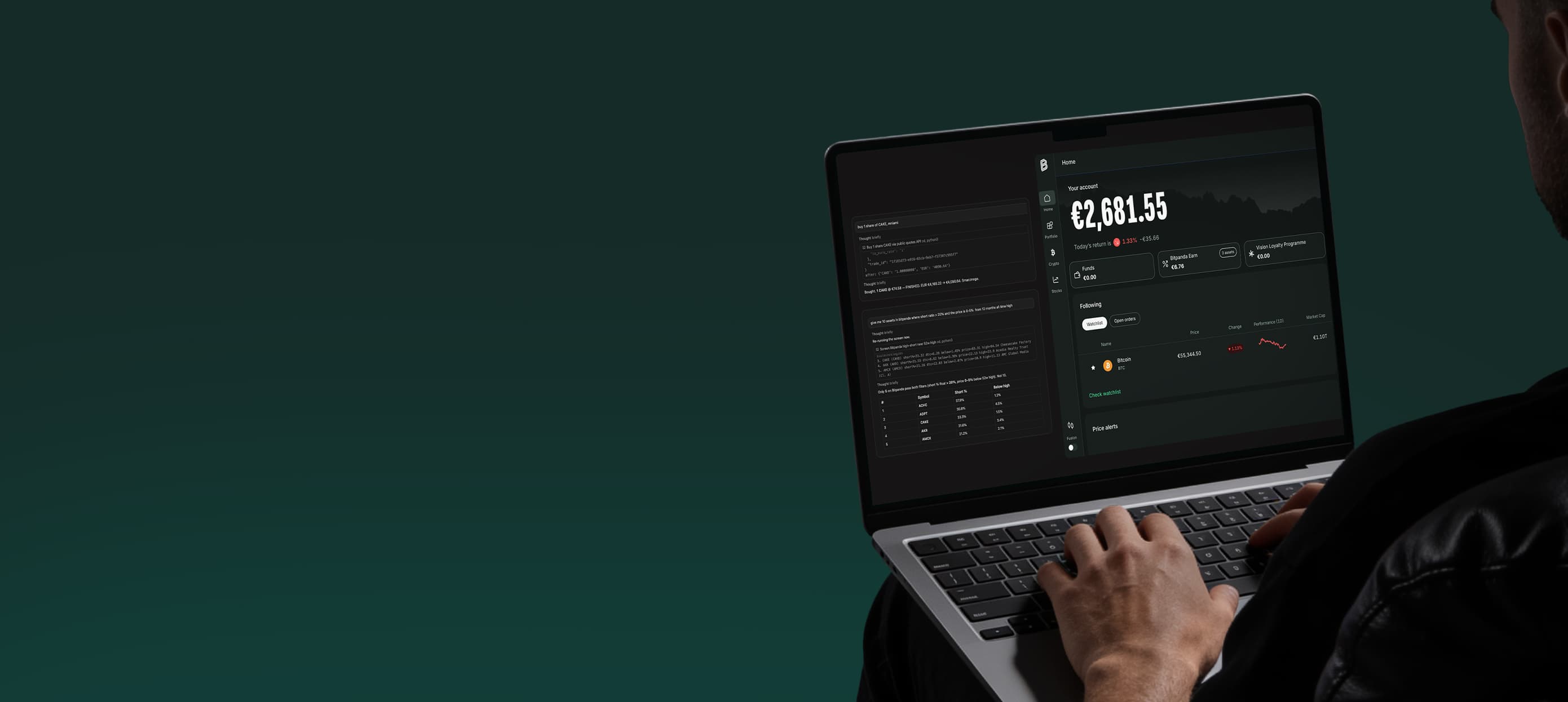 Person using an AI assistant alongside the Bitpanda investment portfolio dashboard on a laptop.