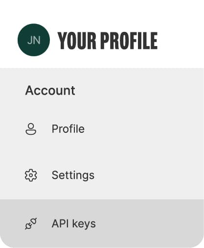Profile page sidebar showing sections for Account, Profile, Settings, and API keys under the heading “Your Profile.”