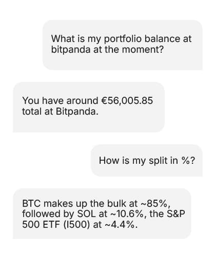 Chat interface showing a user asking about Bitpanda portfolio balance and allocation, with replies detailing €56,005.85 total and BTC, SOL, S&P 500 ETF splits.