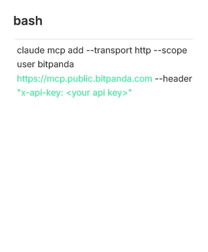 Screenshot of a bash command adding a Claude MCP HTTP transport with Bitpanda URL and an x-api-key header placeholder.