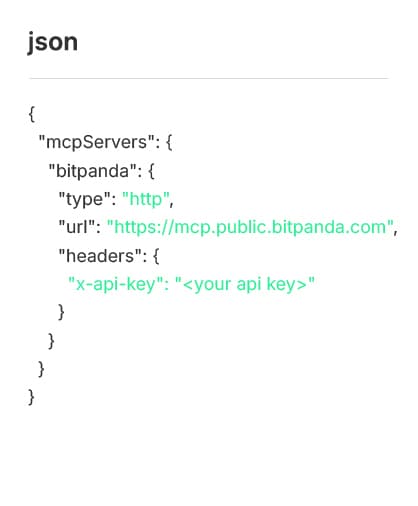 Screenshot of a JSON configuration showing an MCP server for Bitpanda with type http, a public URL, and an x-api-key header placeholder.
