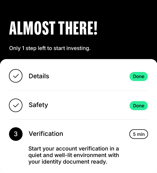 App screen showing “Almost there!” with Details and Safety marked done and step 3 Verification remaining, estimated time 5 minutes.