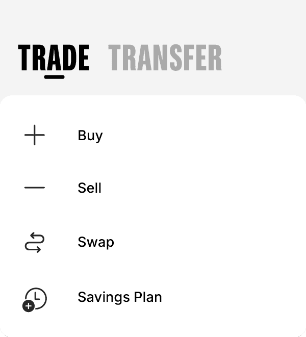 App screen showing TRADE tab with options: Buy, Sell, Swap, and Savings Plan, each with corresponding icons.