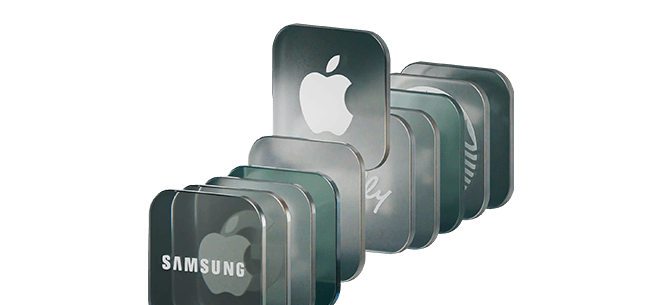 Stack of metallic square tiles with Samsung, Apple, and other tech logos arranged in a diagonal row on a white background.