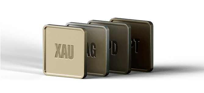 Metallic tiles labeled XAU, AG, PD, and PT stand in a row against a sparkling green background.