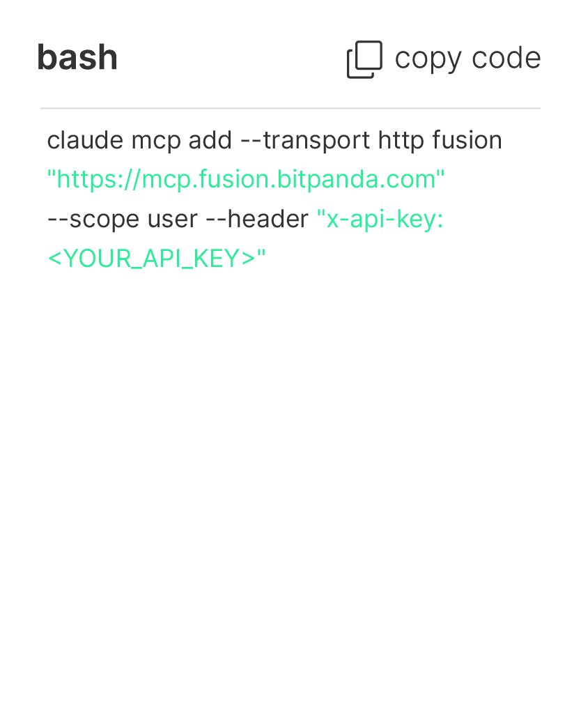 Code snippet in a bash block showing a claude mcp add command with Bitpanda Fusion URL and placeholder API key header.