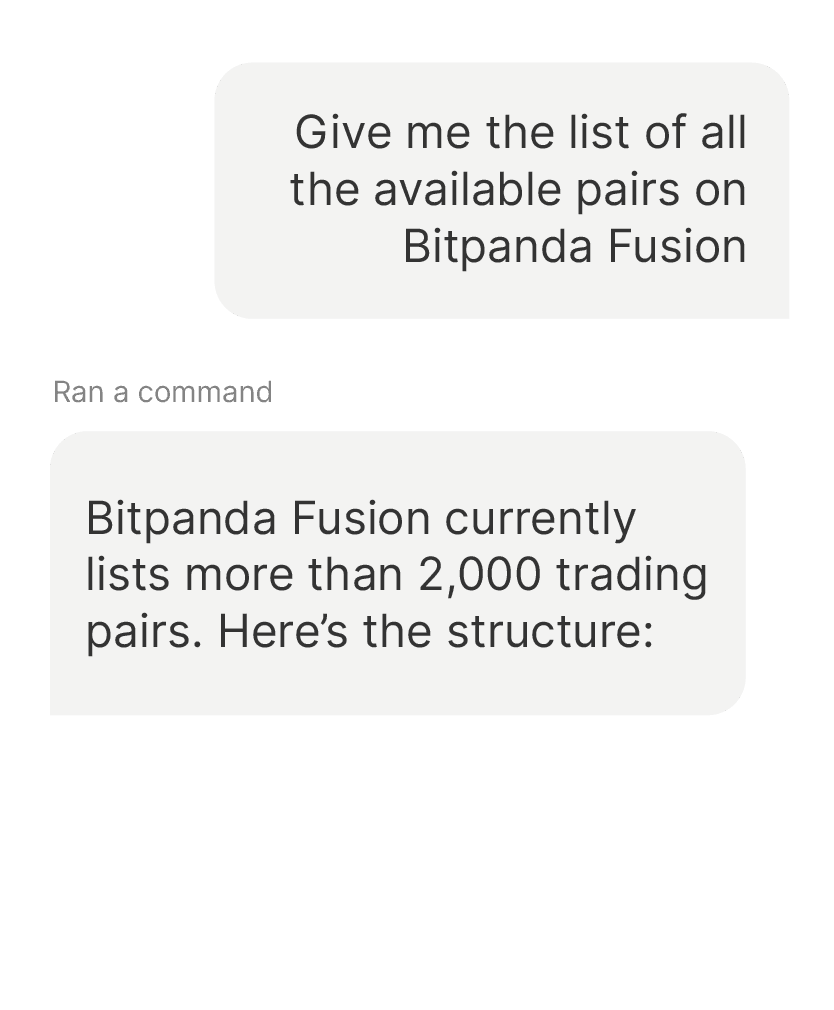 Chat interface where a user asks for all available Bitpanda Fusion pairs and the assistant replies that over 2,000 trading pairs are listed.