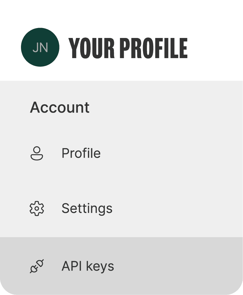 Profile page sidebar showing Account section with options: Profile, Settings, and API keys.