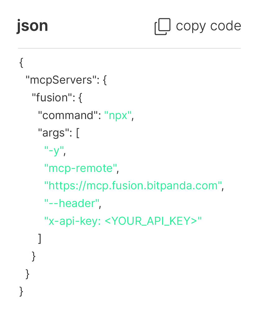 Screenshot of a JSON configuration snippet showing an MCP server setup using npx and an API key placeholder.