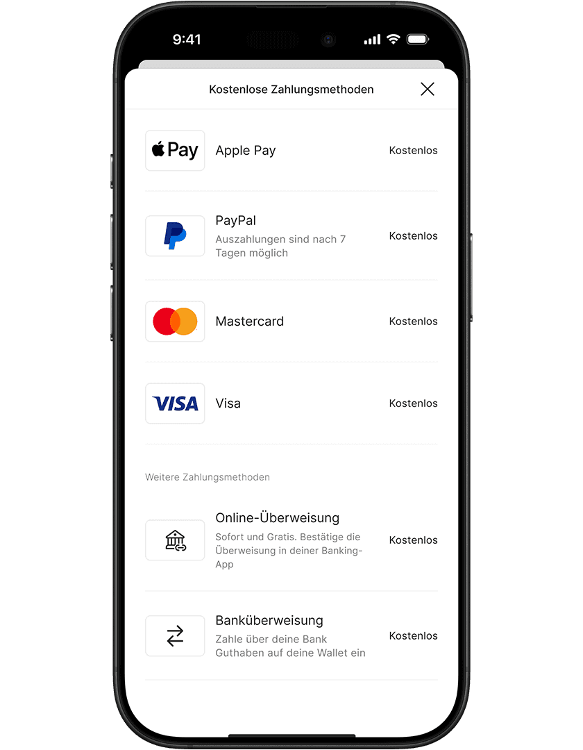 Smartphone screen displaying various free payment methods: Apple Pay, PayPal, Mastercard, Visa, Online transfer, and Bank transfer.